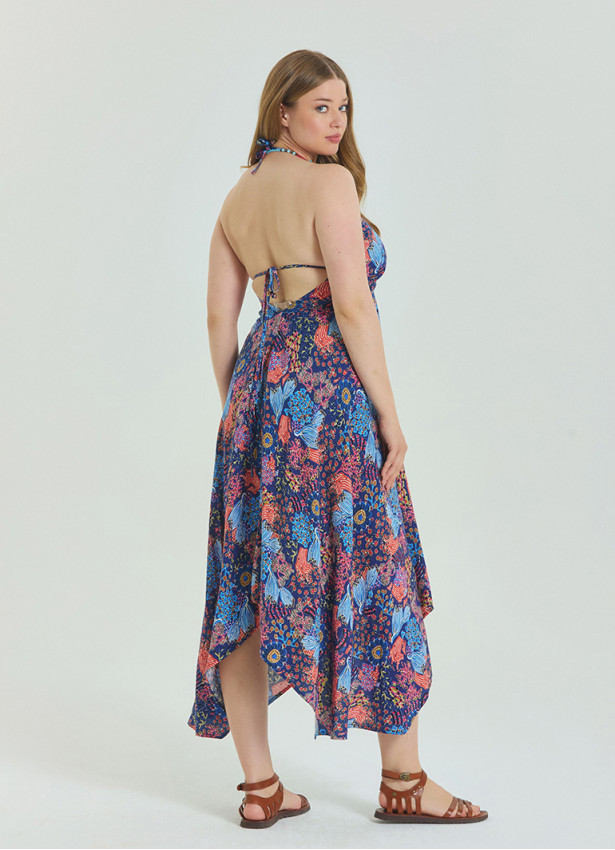 V Neck Backless Halter Neck Blue Plus Size Dress 4664